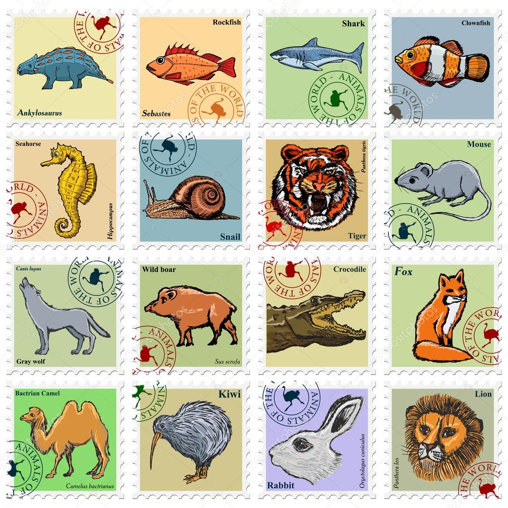 Set of vector stamps with different animals Stock Vector by ©Perysty  86170408